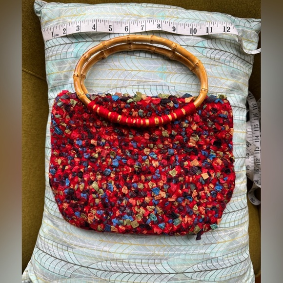 Handcrafted Multicolor felted wool and ribbon Satchel with Wooden Handle - Picture 1 of 3